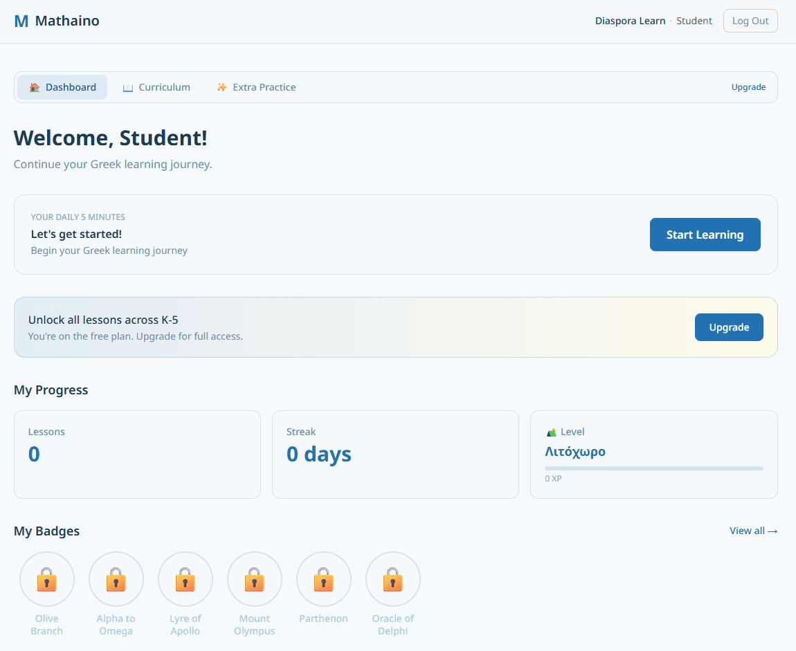 Student dashboard with badges and XP