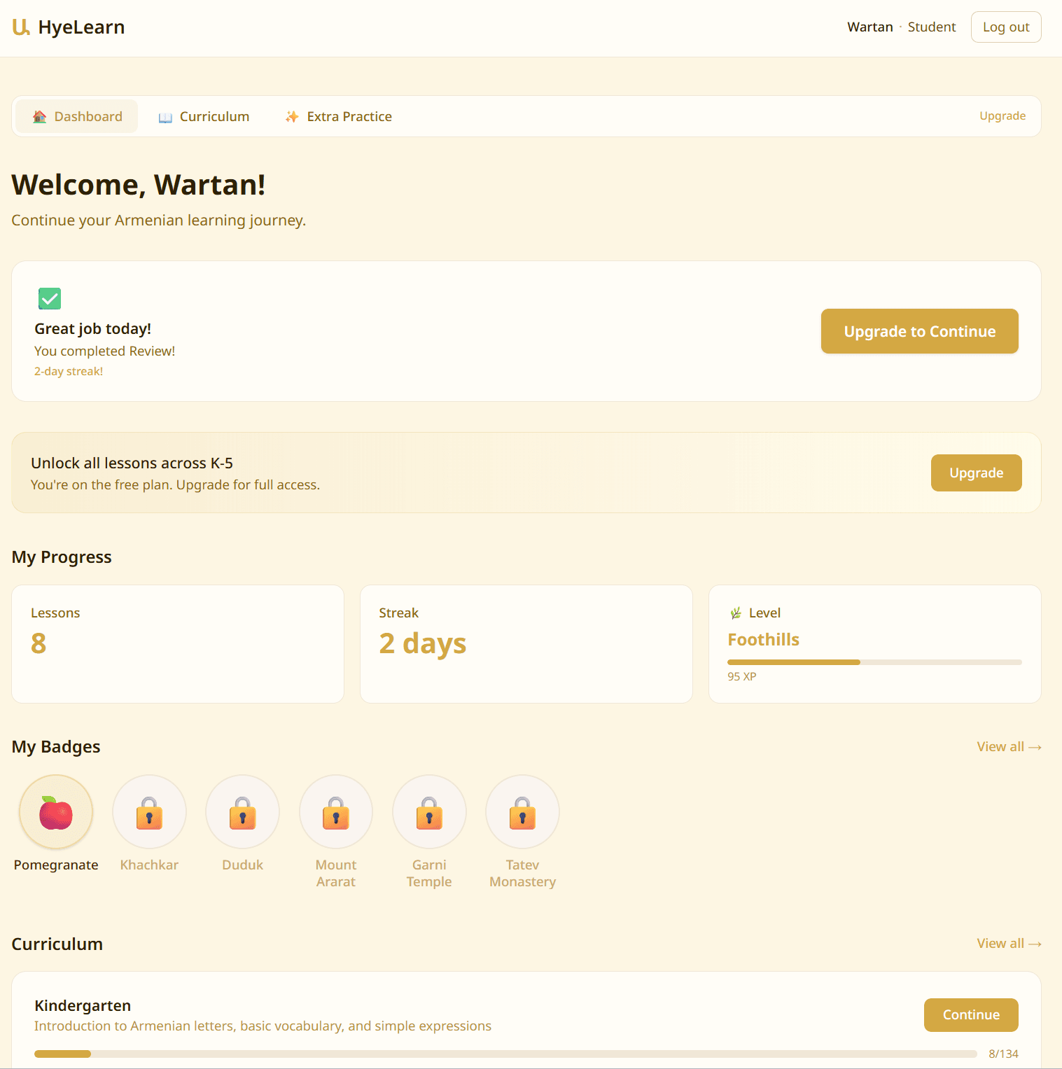 Student dashboard with badges and XP
